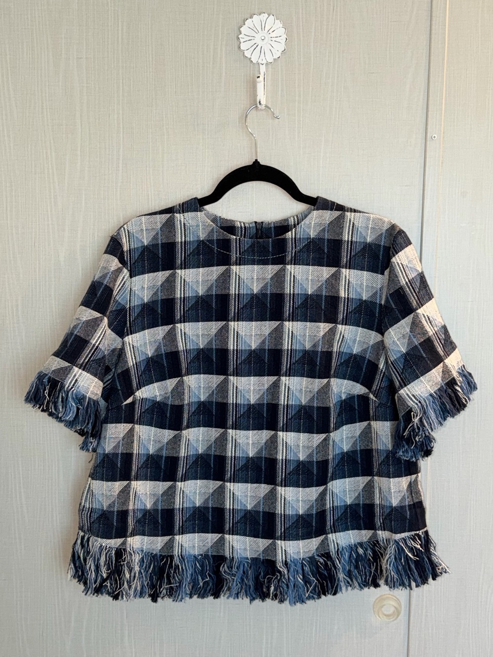 Pre-Owned Akris Punto Multi Blue Plaid Blouse Farmer Chic Women’s Size 14